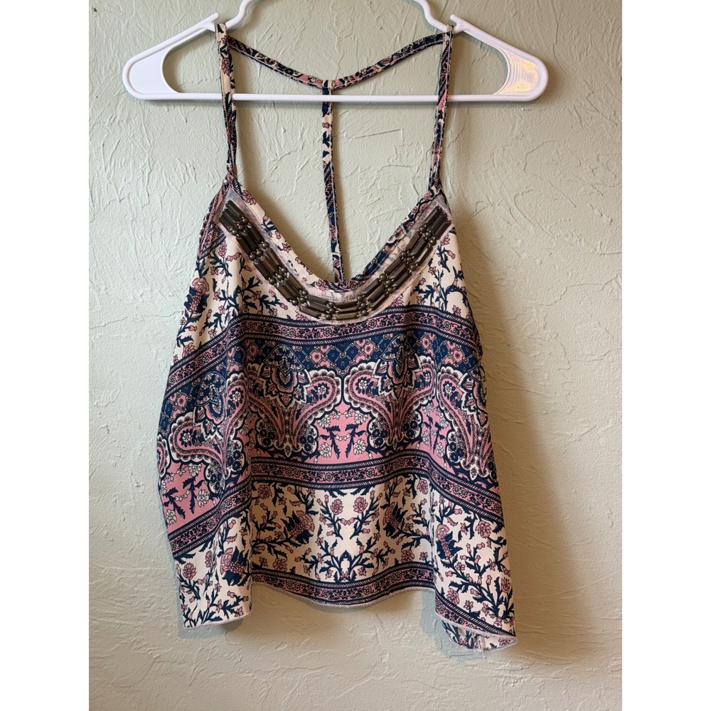 Charlotte Russe Pink Navy Paisley Beaded V-Neck T-Back Cami Tank Top XL